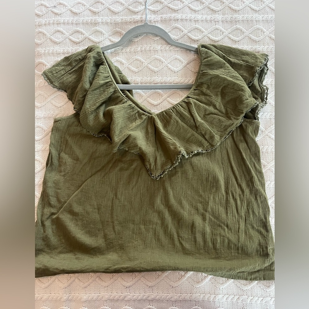 LOFT Olive Ruffle Blouse Cotton Womens Size XS - Picture 10 of 11